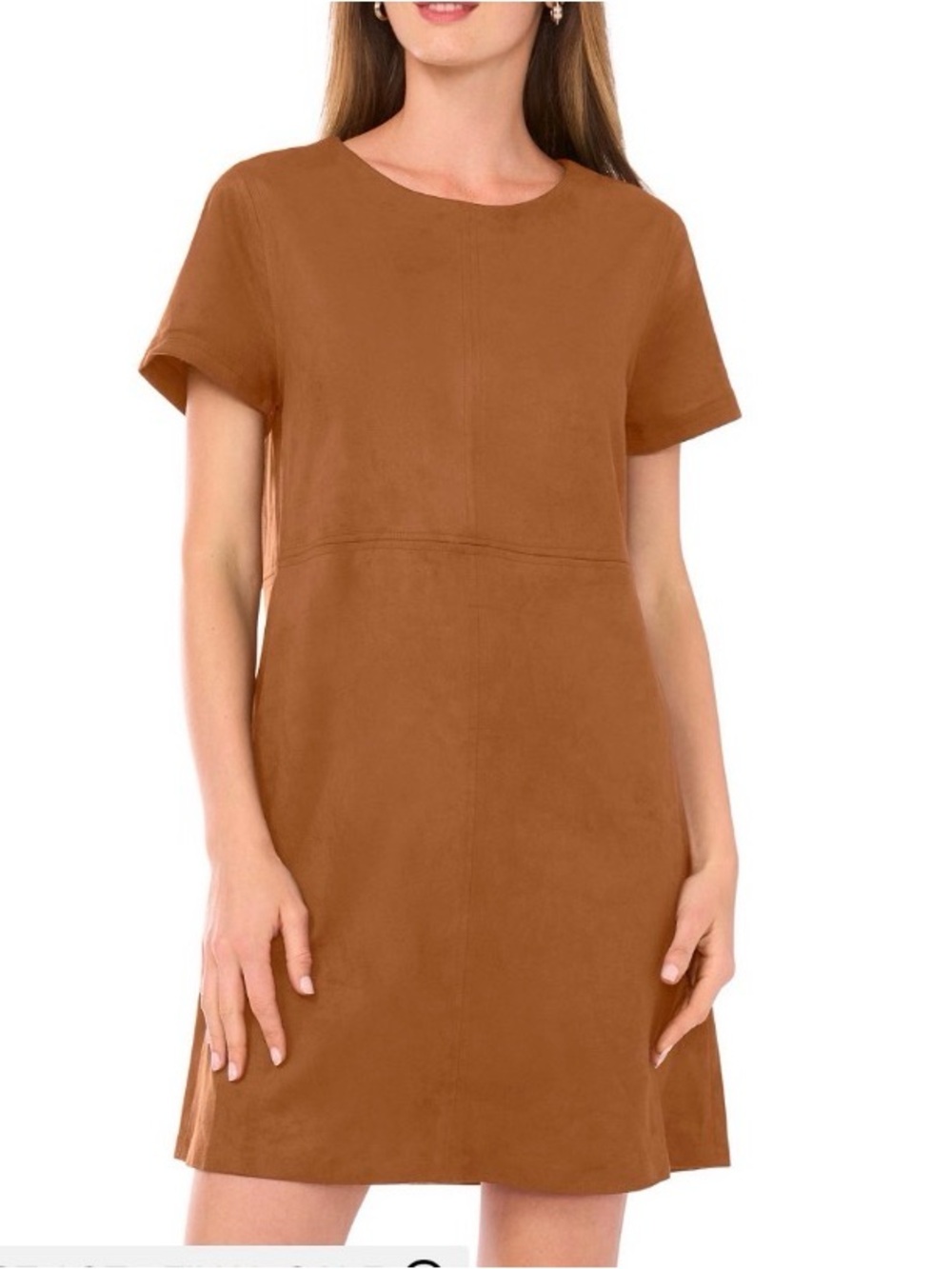 Vince Camuto Women's Faux-Suede Seamed-Panel Shift Mini Dress with short sleeves